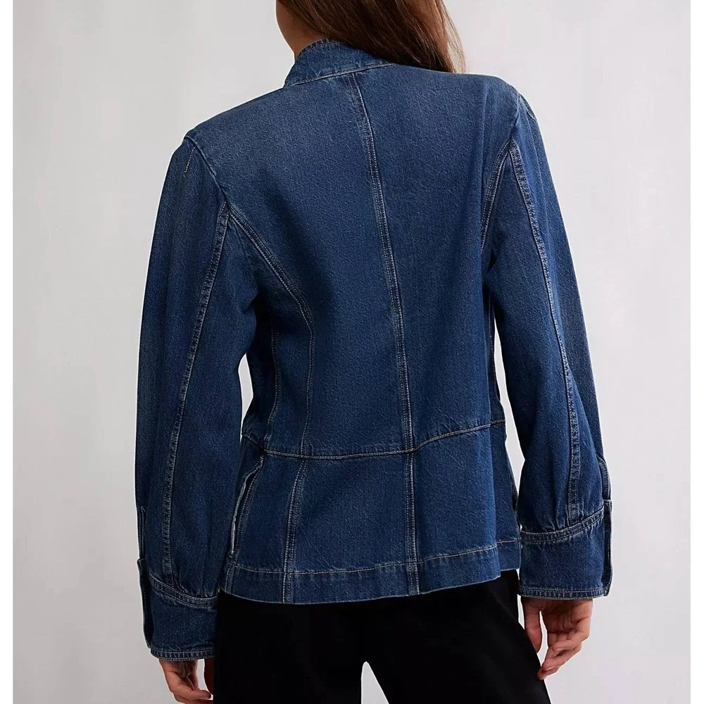 Free People Imogene Denim Officer Jacket Sally Wash Blue Size M NWT - Picture 4 of 4